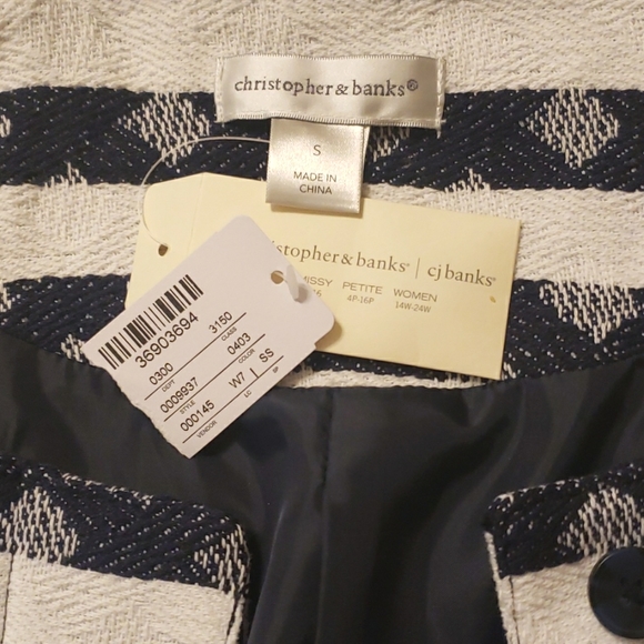 NAVY & WHITE STRIPED DIAMOND ZIGZAG BLAZER PREPPY COASTAL NAUTICAL RAW EDGE NWT - Picture 6 of 10